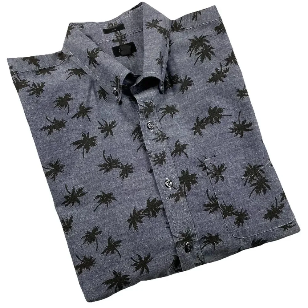 Mens J. Crew Slim Long Sleeve Button Up Shirt Palm Tree Dark Gray/Black-L